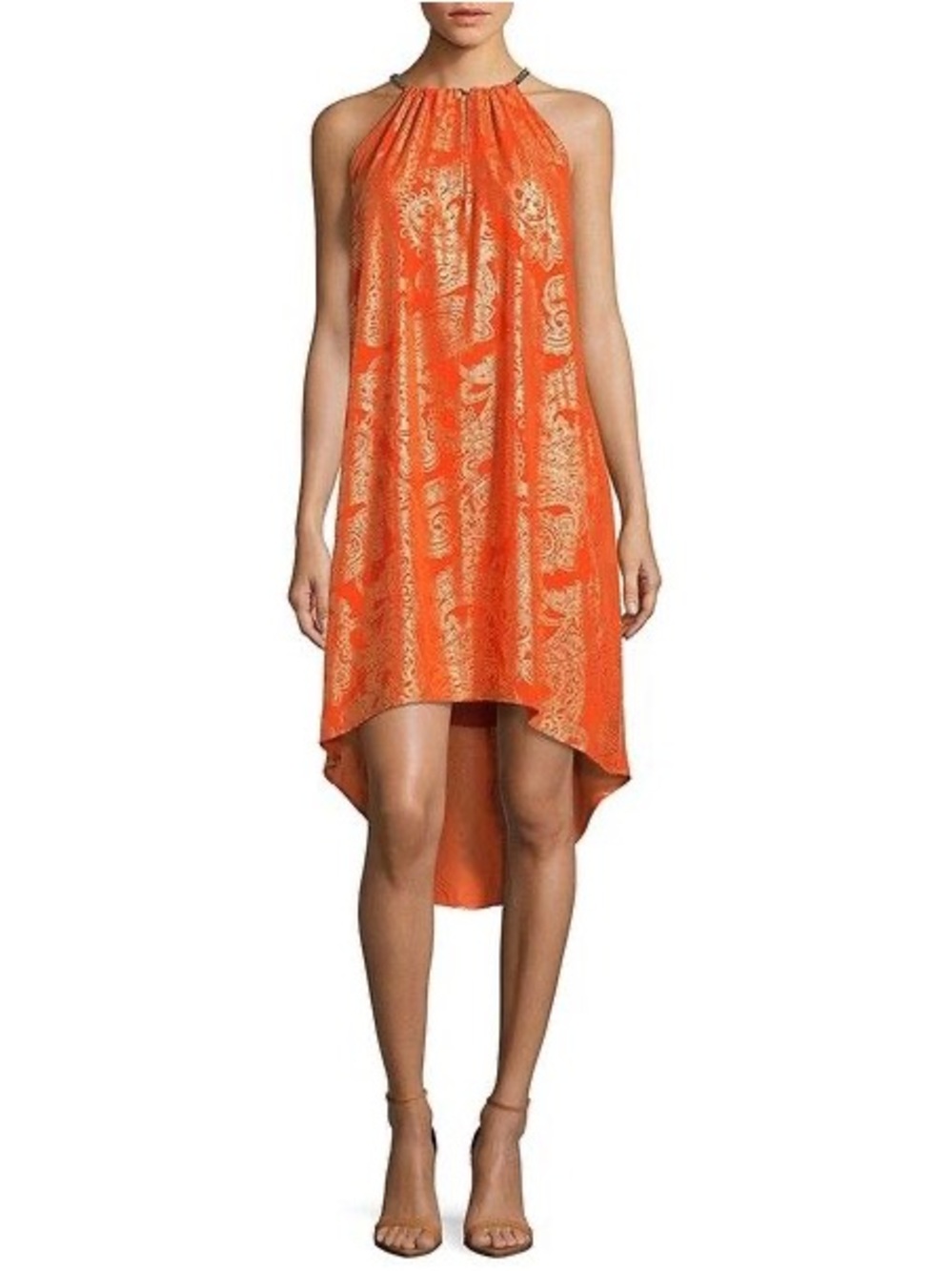 Michael by Michael Kors Orange Metallic-Print Halter High-Low Dress